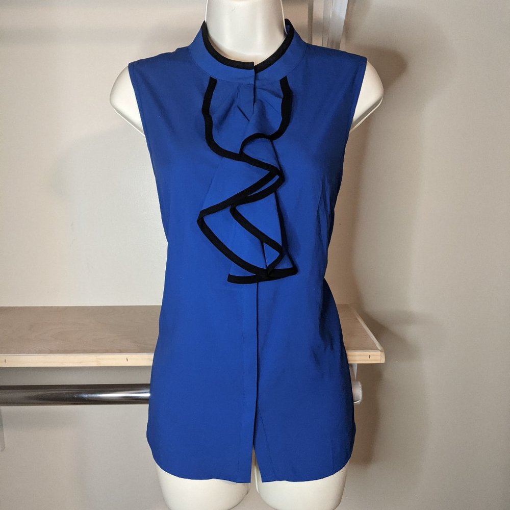 Calvin Klein Cerulean with Black Hem Detail Button Down Sleeveless Blouse